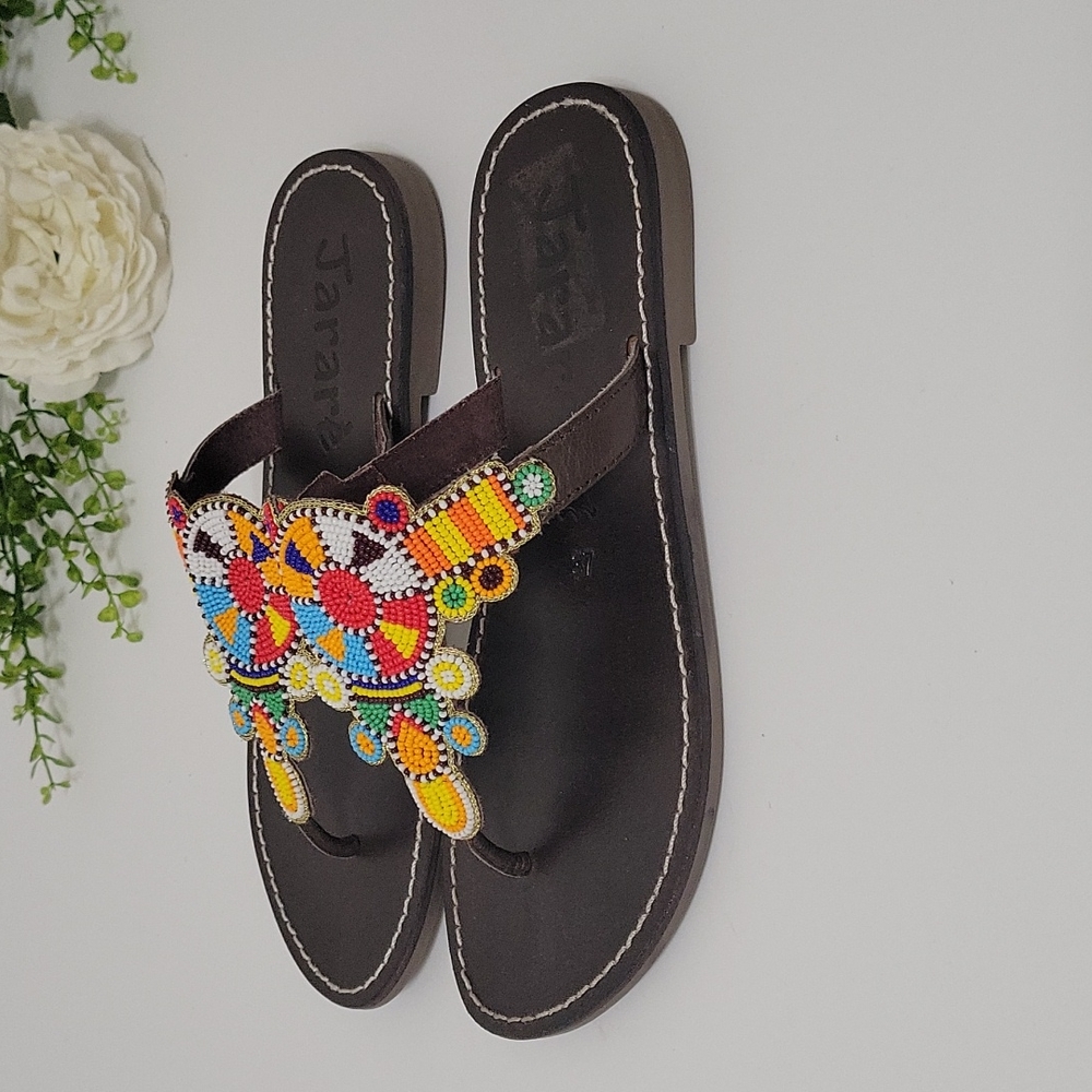 Jararè leather Malindi slip-on thong sandals with multicolor beads size 37 (6.5) - Picture 6 of 10